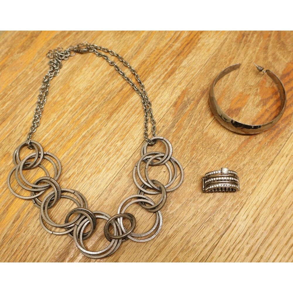 Gunmetal Hematite Jewelry Lot Interlocking Ring Statement Necklace Hoop Ring